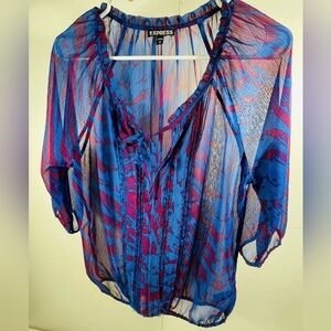 Express Blue & Magenta Sheer Abstract Peasant Blouse Size M – Boho Chic Flow Top